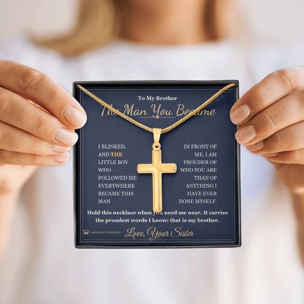 Engraved Artisan Cross Necklace with message for brother