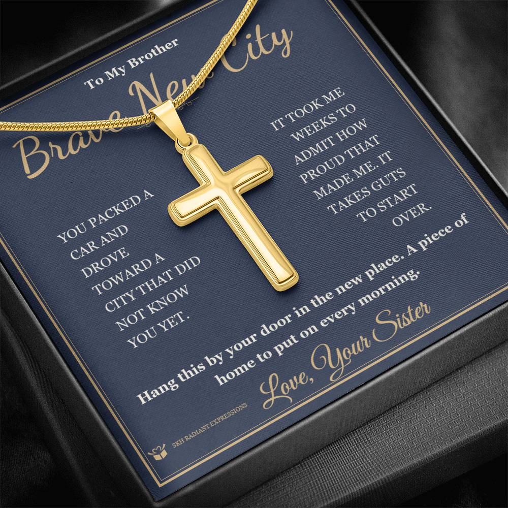 Engraved Artisan Cross Necklace with message for brother