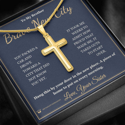 Engraved Artisan Cross Necklace with message for brother