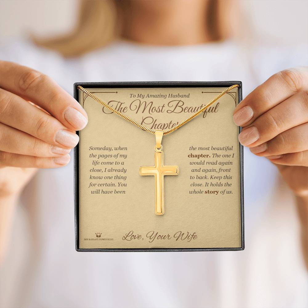 Engraved Artisan Cross Necklace with message for husband
