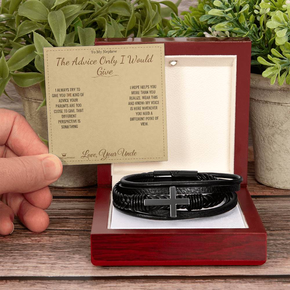 Engraved Men's Cross Bracelet with message for nephew