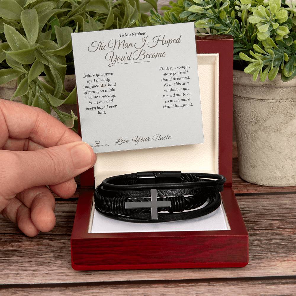 Engraved Men's Cross Bracelet with message for nephew