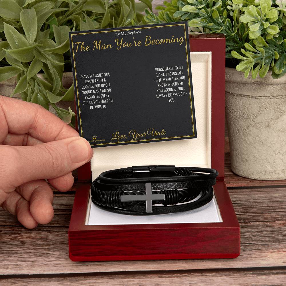 Engraved Men's Cross Bracelet with message for nephew