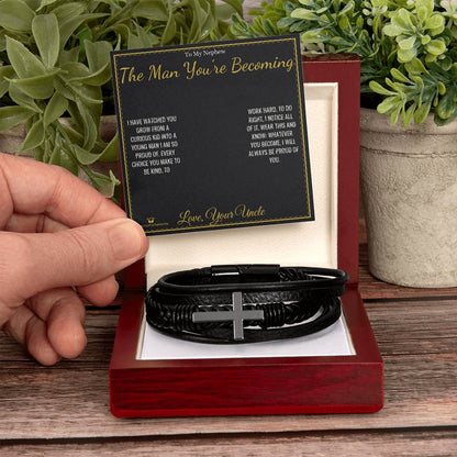 Engraved Men's Cross Bracelet with message for nephew