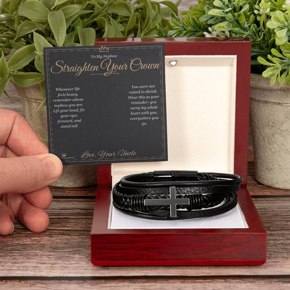Engraved Men's Cross Bracelet with message for nephew