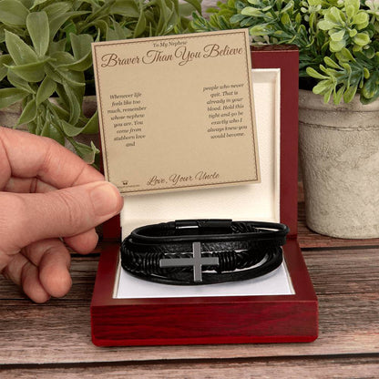 Engraved Men's Cross Bracelet with message for nephew