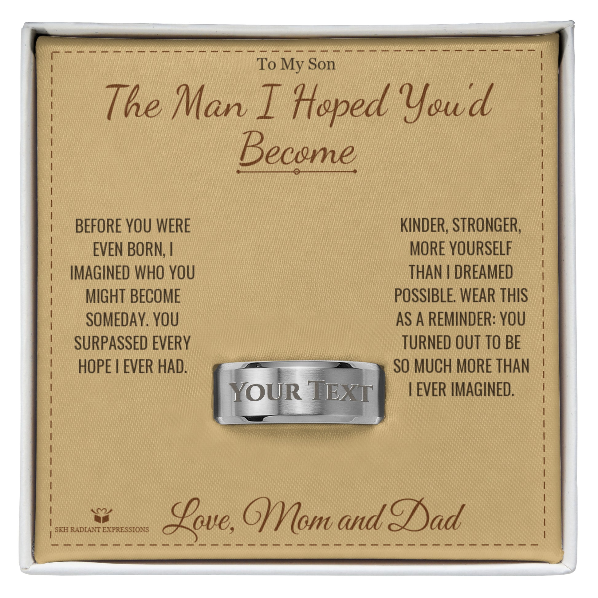 Close-up detail of the engraved men's ring for son
