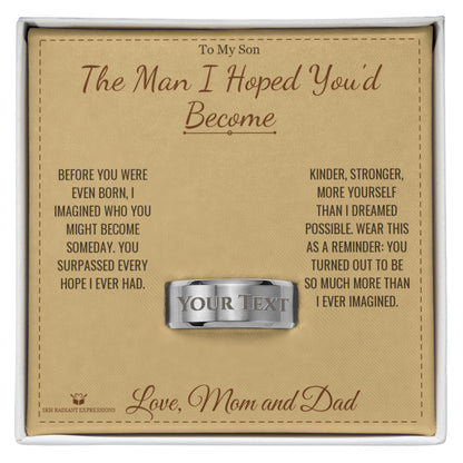 Close-up detail of the engraved men's ring for son
