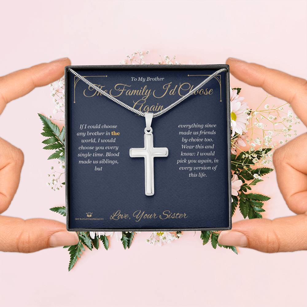 Artisan Cross Necklace with personalized message card for brother