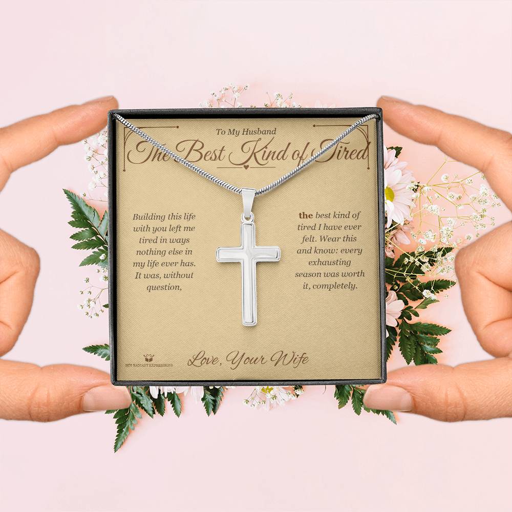 Artisan Cross Necklace with personalized message card for husband
