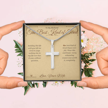 Artisan Cross Necklace with personalized message card for husband