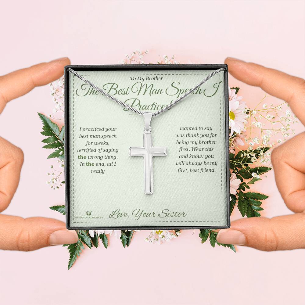 Artisan Cross Necklace with personalized message card for brother