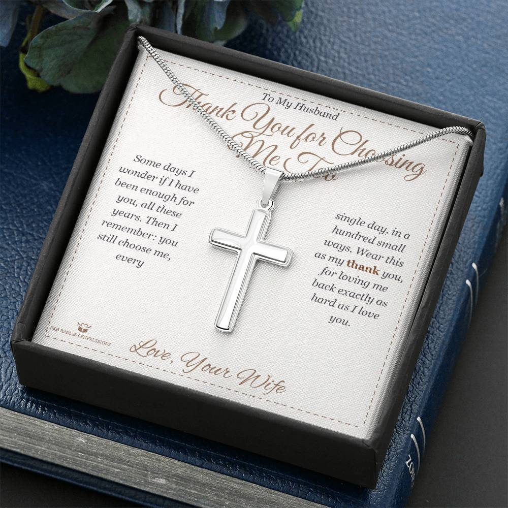 Artisan Cross Necklace with personalized message card for husband
