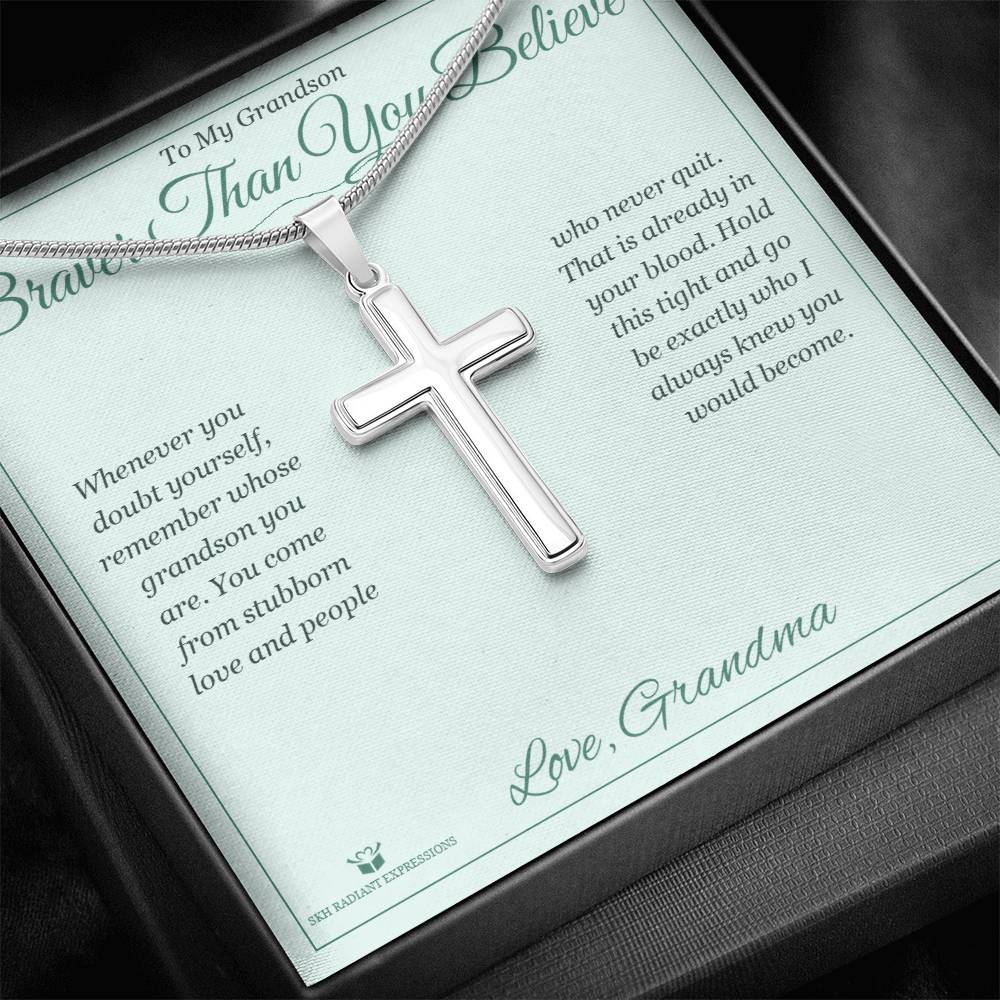 Artisan Cross Necklace with personalized message card for grandson