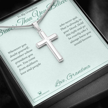 Artisan Cross Necklace with personalized message card for grandson