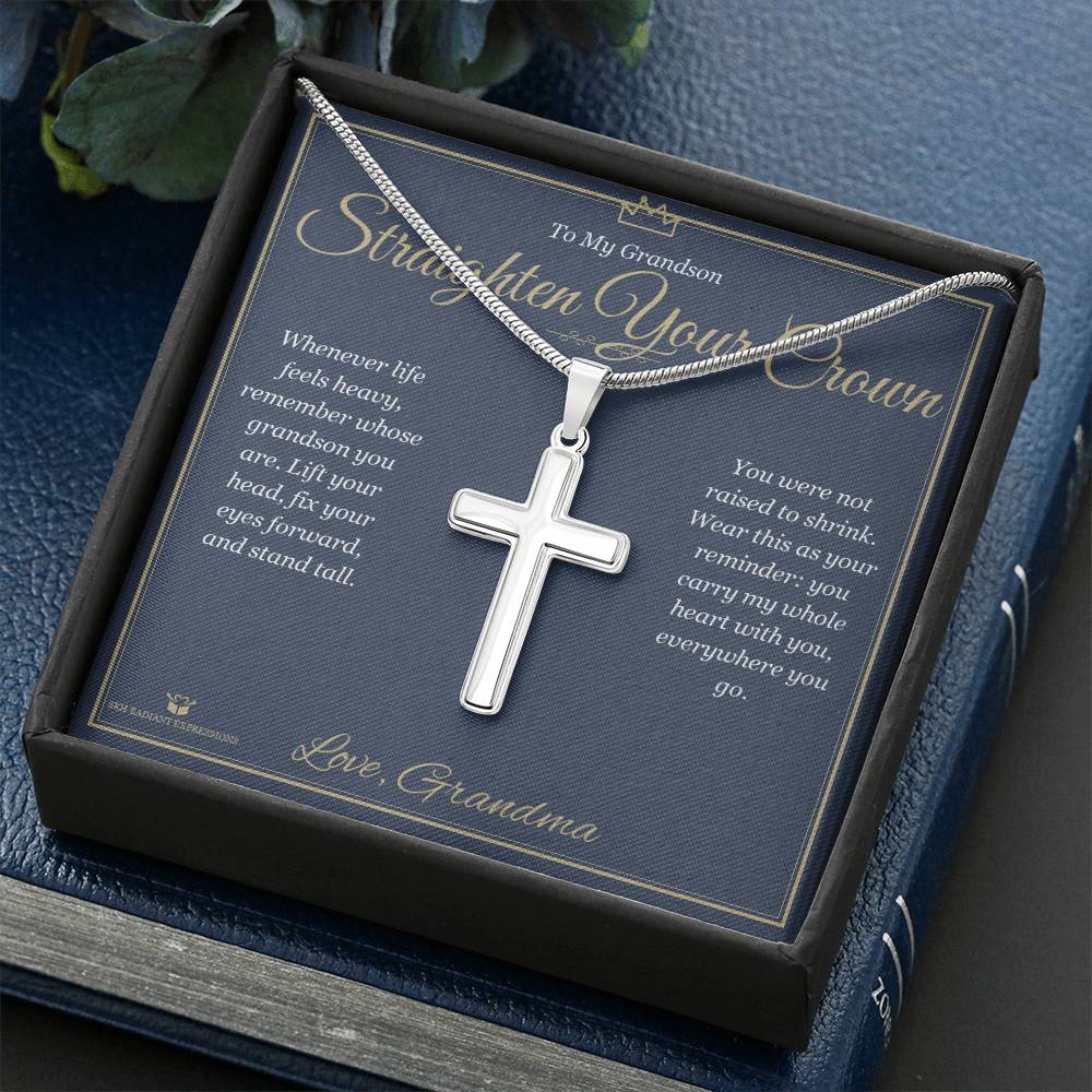 Artisan Cross Necklace with personalized message card for grandson