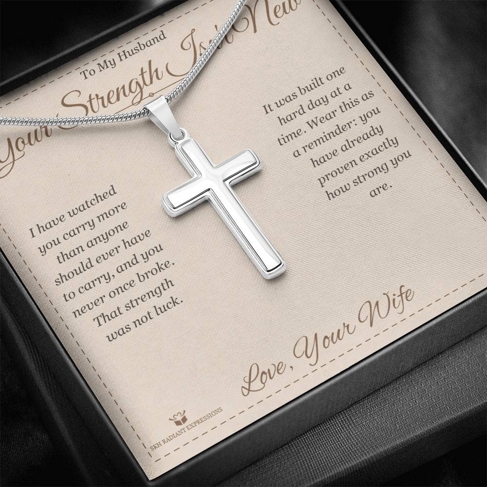 Artisan Cross Necklace with personalized message card for husband