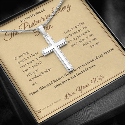 Artisan Cross Necklace with personalized message card for husband