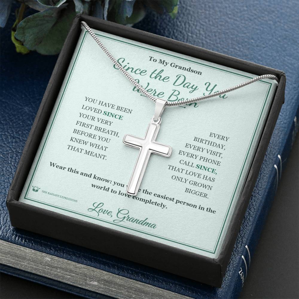 Artisan Cross Necklace with personalized message card for grandson