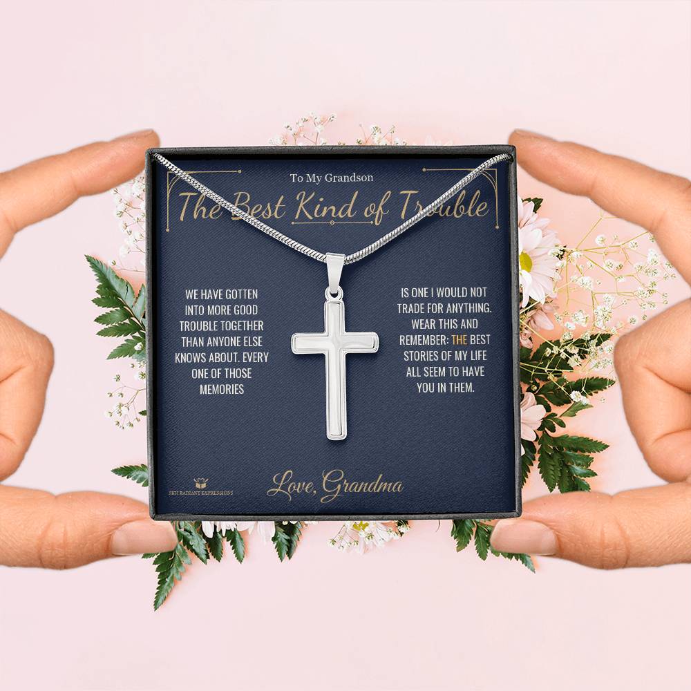Artisan Cross Necklace with personalized message card for grandson