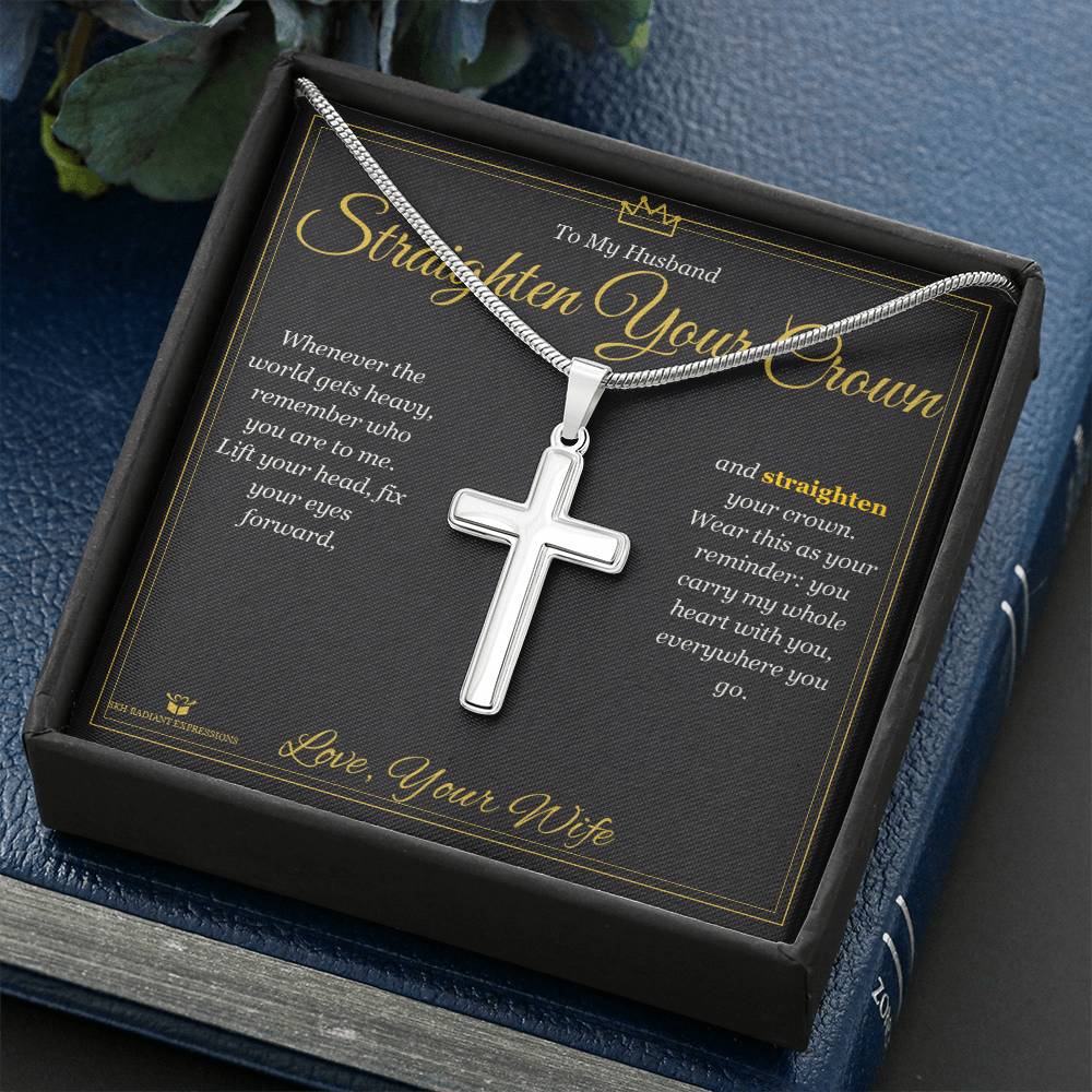 Artisan Cross Necklace with personalized message card for husband