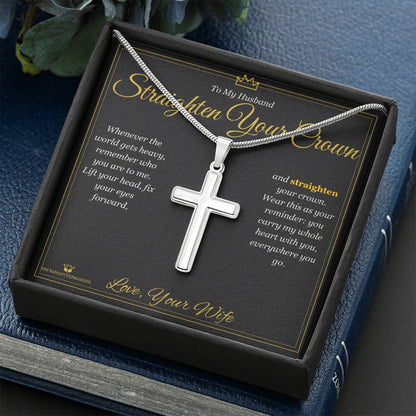 Artisan Cross Necklace with personalized message card for husband