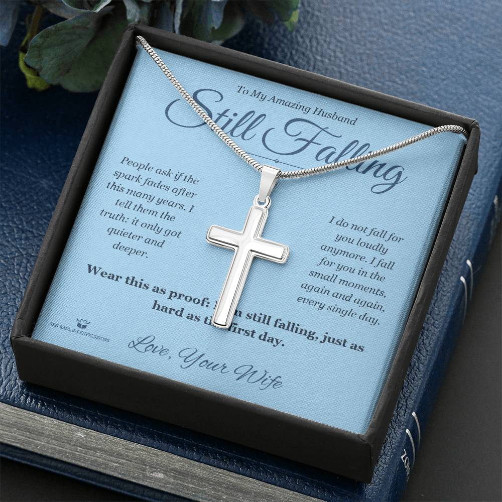 Artisan Cross Necklace with personalized message card for husband