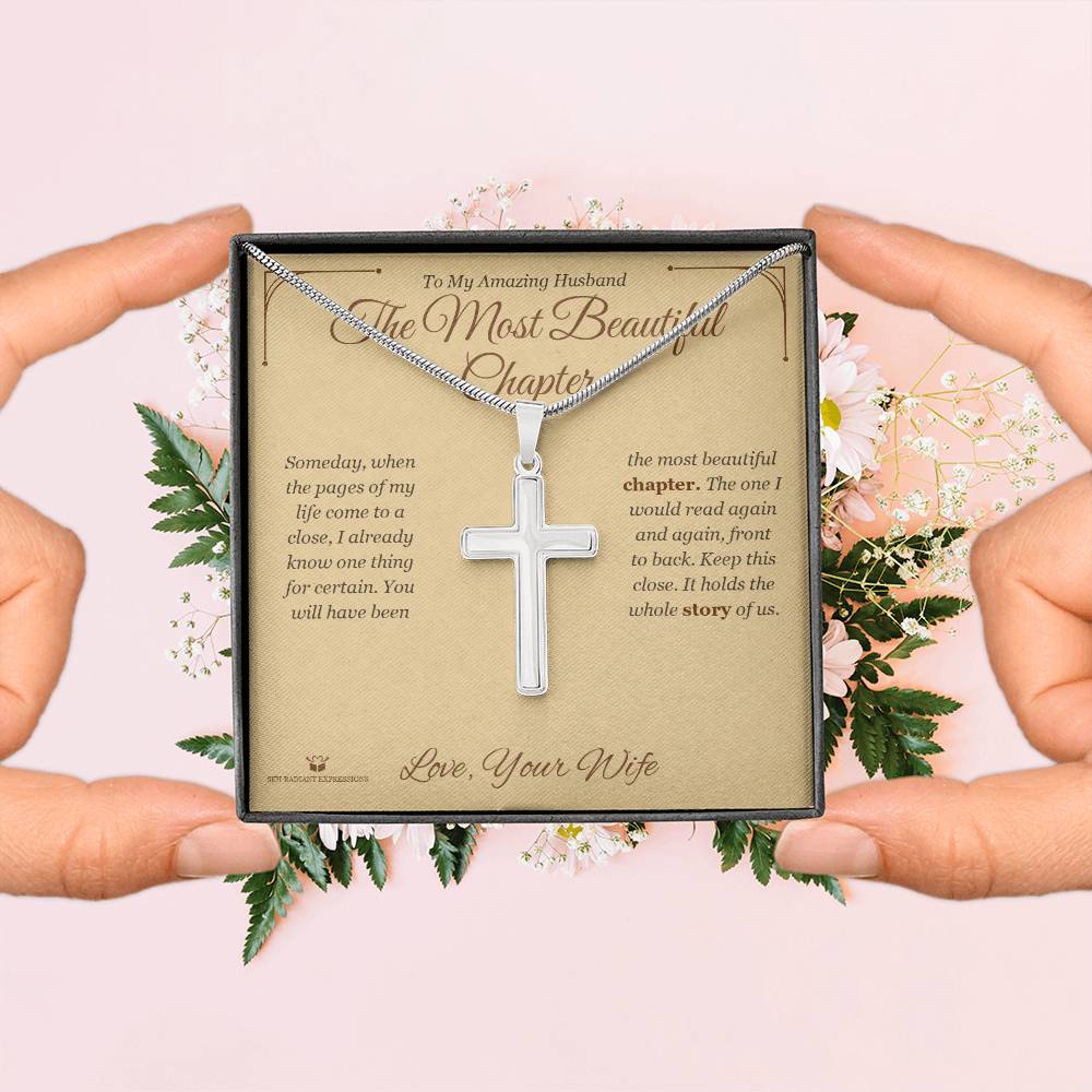 Artisan Cross Necklace with personalized message card for husband