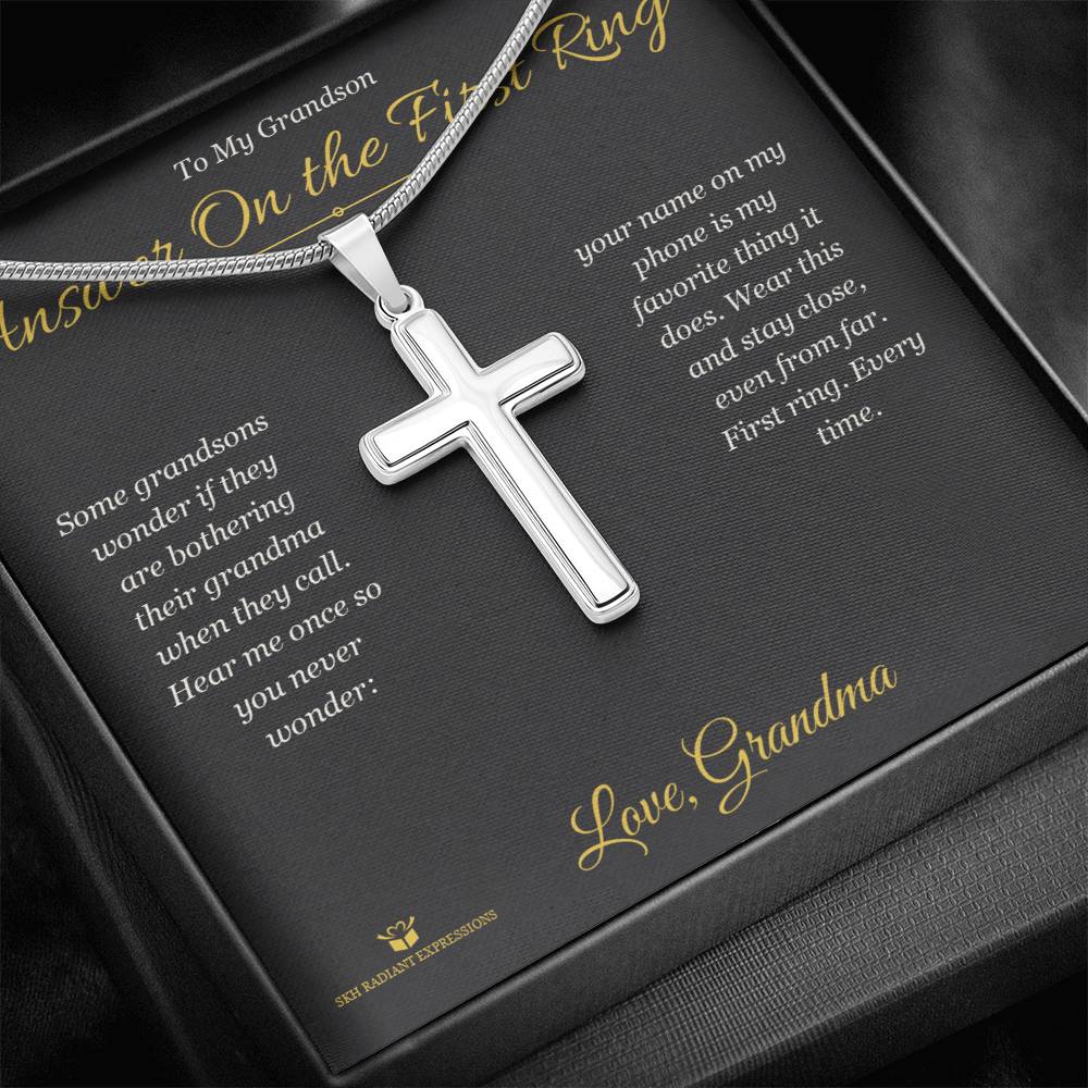 Artisan Cross Necklace with personalized message card for grandson