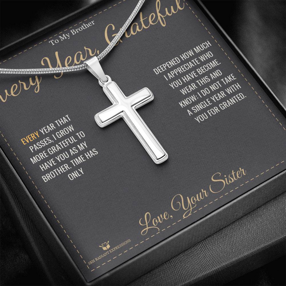 Artisan Cross Necklace with personalized message card for brother