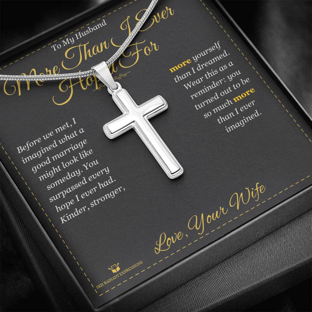 Artisan Cross Necklace with personalized message card for husband