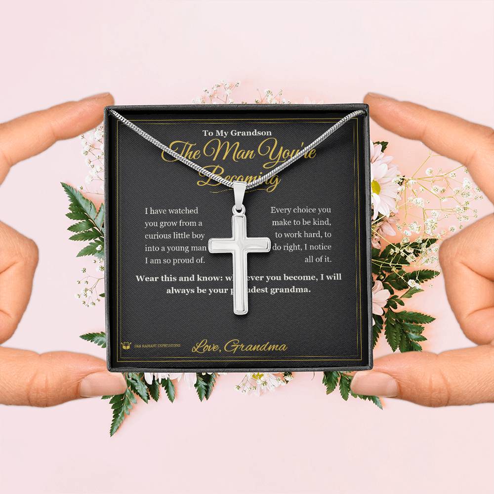 Artisan Cross Necklace with personalized message card for grandson