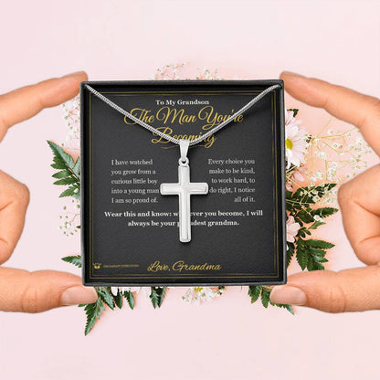 Artisan Cross Necklace with personalized message card for grandson