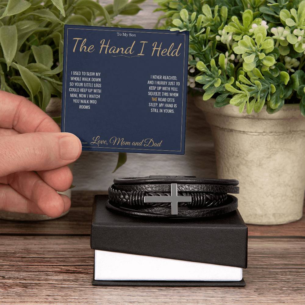 Engraved Men's Cross Bracelet with message for son