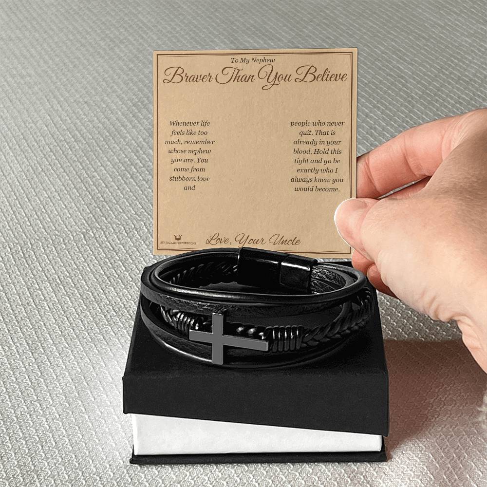Men's Cross Bracelet with personalized message card for nephew