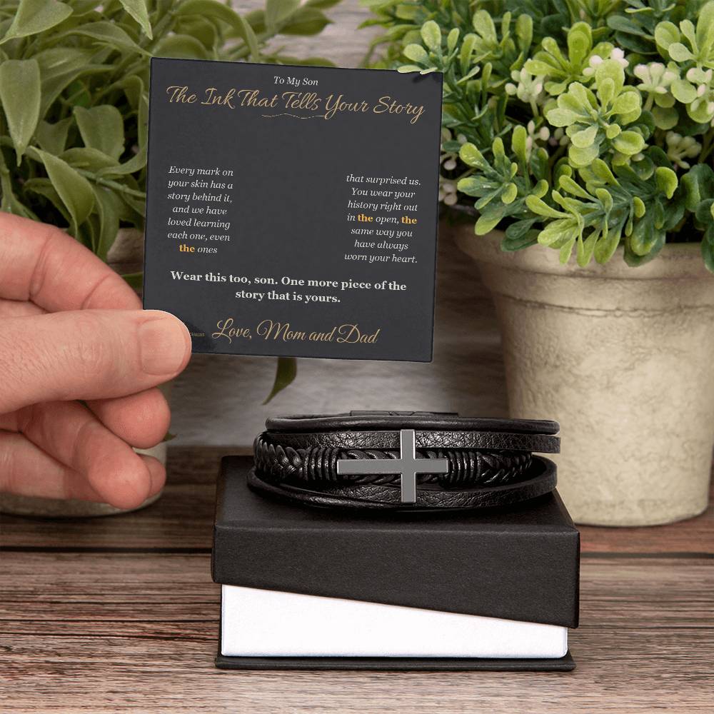 Engraved Men's Cross Bracelet with message for son