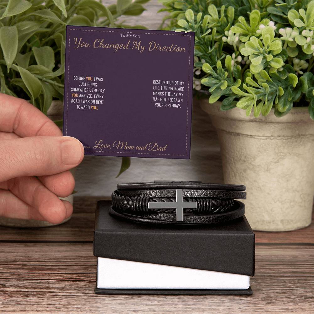 Men's Cross Bracelet with personalized message card for son