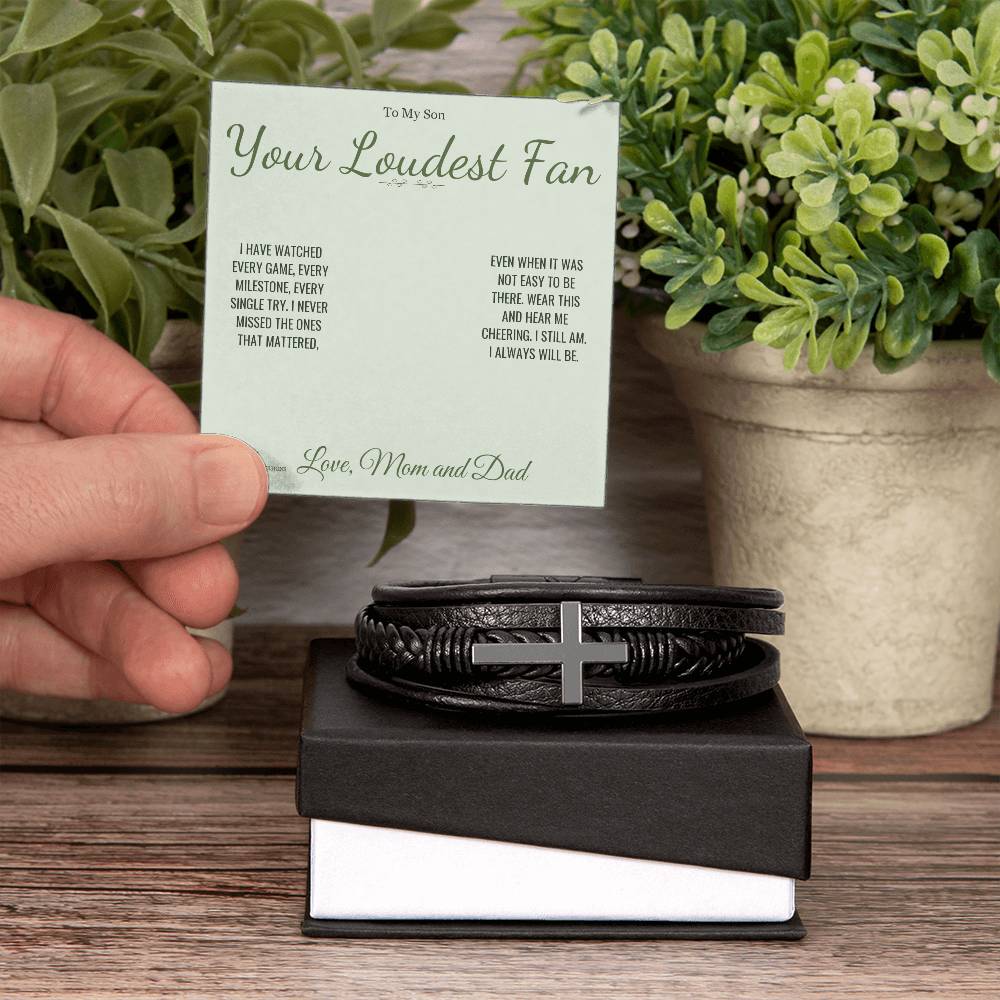 Men's Cross Bracelet with personalized message card for son