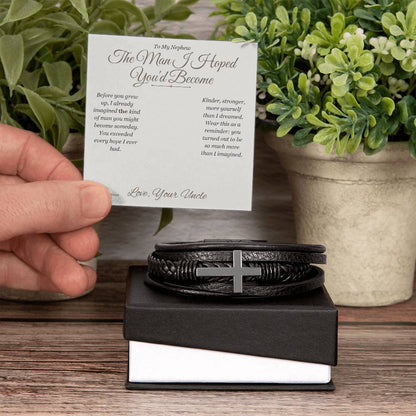 Men's Cross Bracelet engraved with your own words for nephew