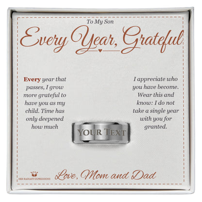 Engraved Men's Ring with personalized message card for son