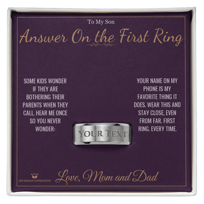 Engraved Men's Ring with personalized message card for son