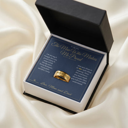 Engraved Men's Ring with personalized message card for son