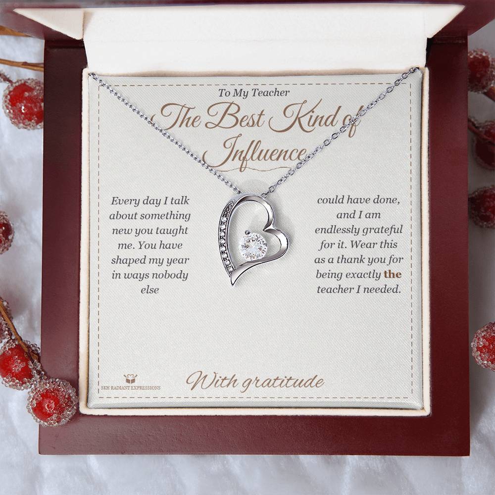 Close-up detail of the forever love necklace for teacher
