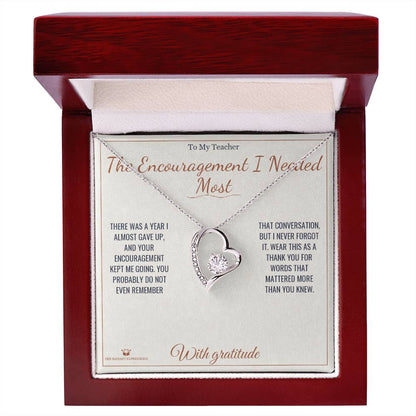 Close-up detail of the forever love necklace for teacher