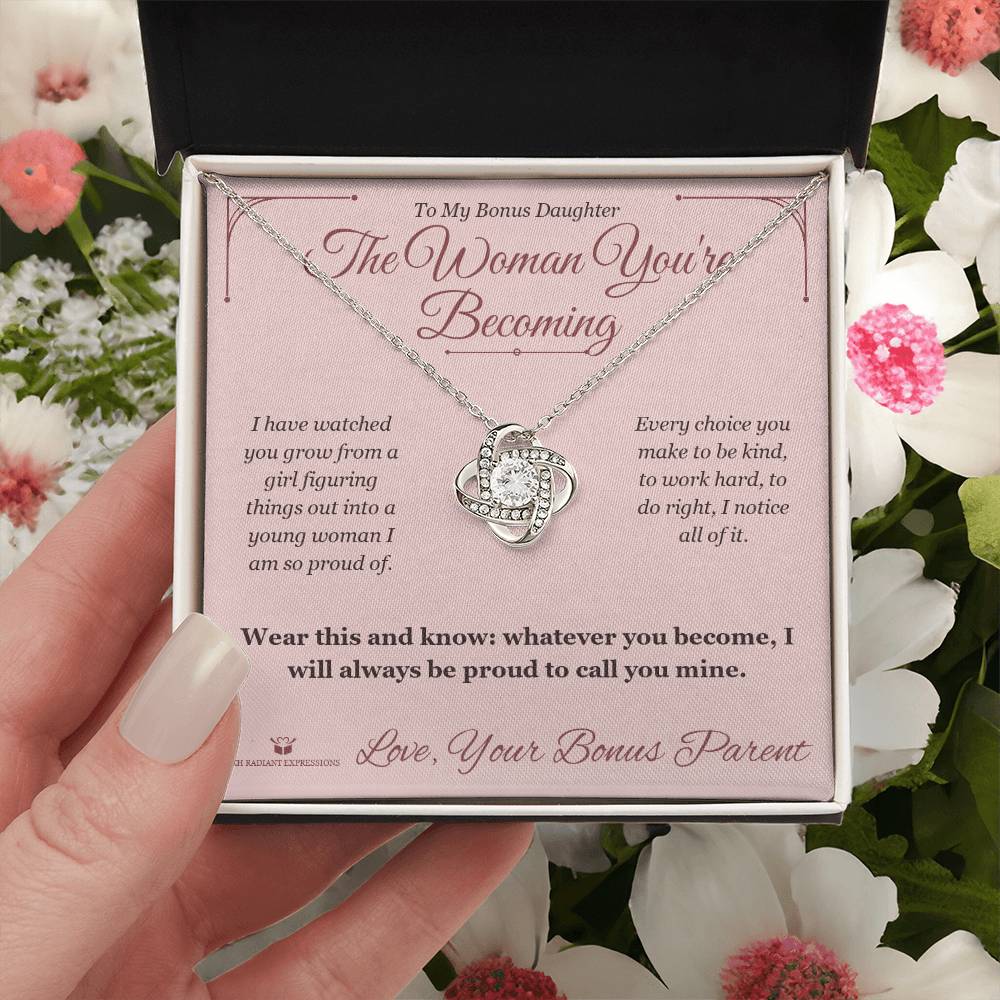 The Woman You're Becoming - Love Knot Necklace for Stepdaughter - personalized keepsake gift from SKH Radiant Expressions