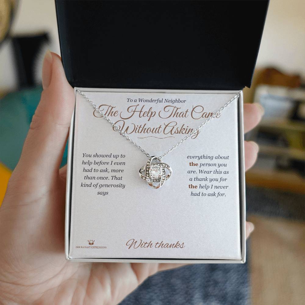 Engraved Love Knot Necklace keepsake for neighbor