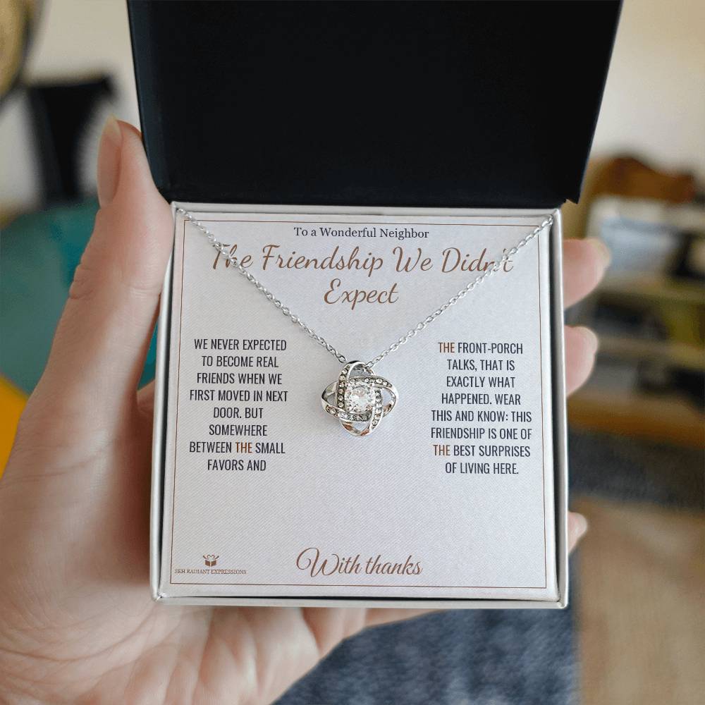 Engraved Love Knot Necklace keepsake for neighbor