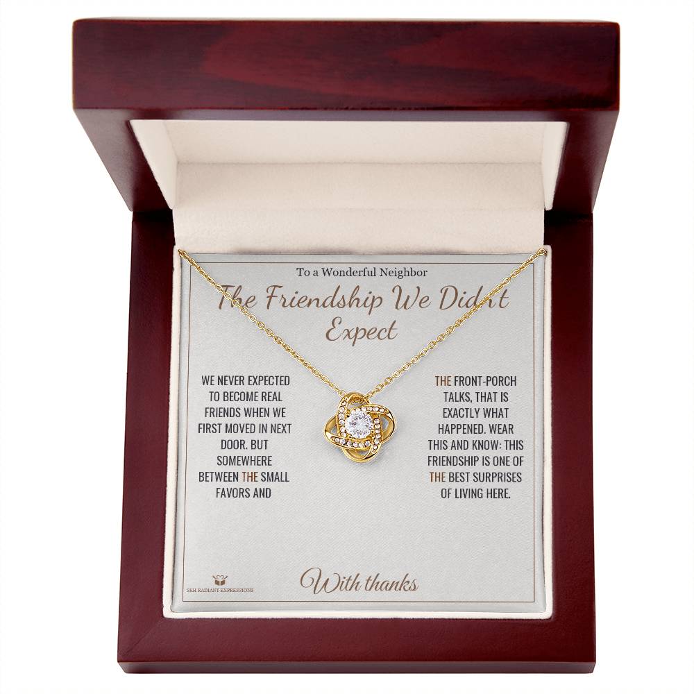 Love Knot Necklace gift box, ready to give to neighbor