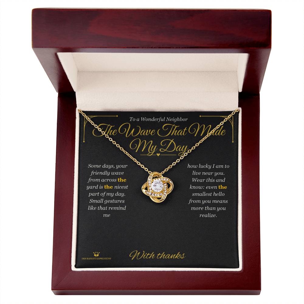 Love Knot Necklace gift box, ready to give to neighbor