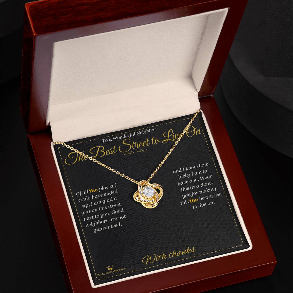 Close-up detail of the love knot necklace for neighbor